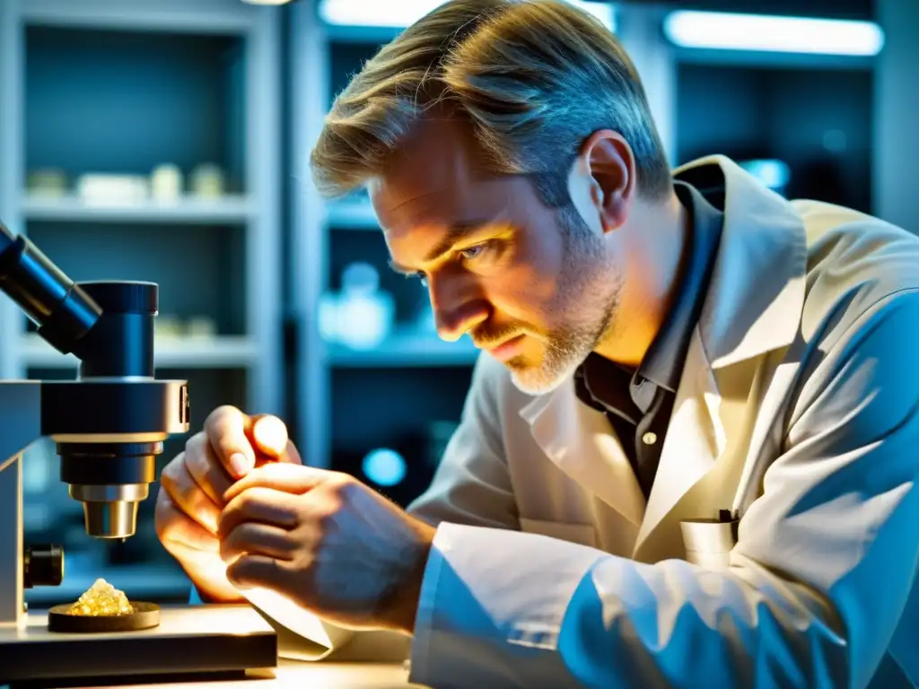 Geólogo examinando minerales bajo microscopio en laboratorio bien iluminado