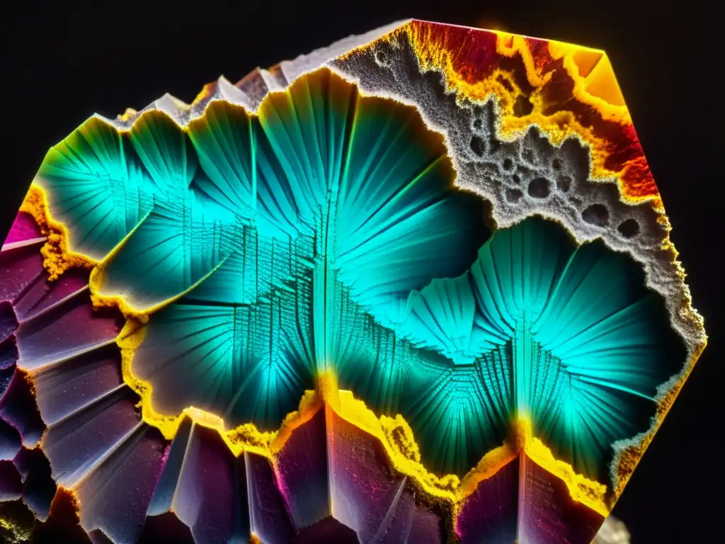 Fotografía de minerales en narrativa visual: Imponente mineral con colores vibrantes y texturas intrincadas, capturado en dramática iluminación