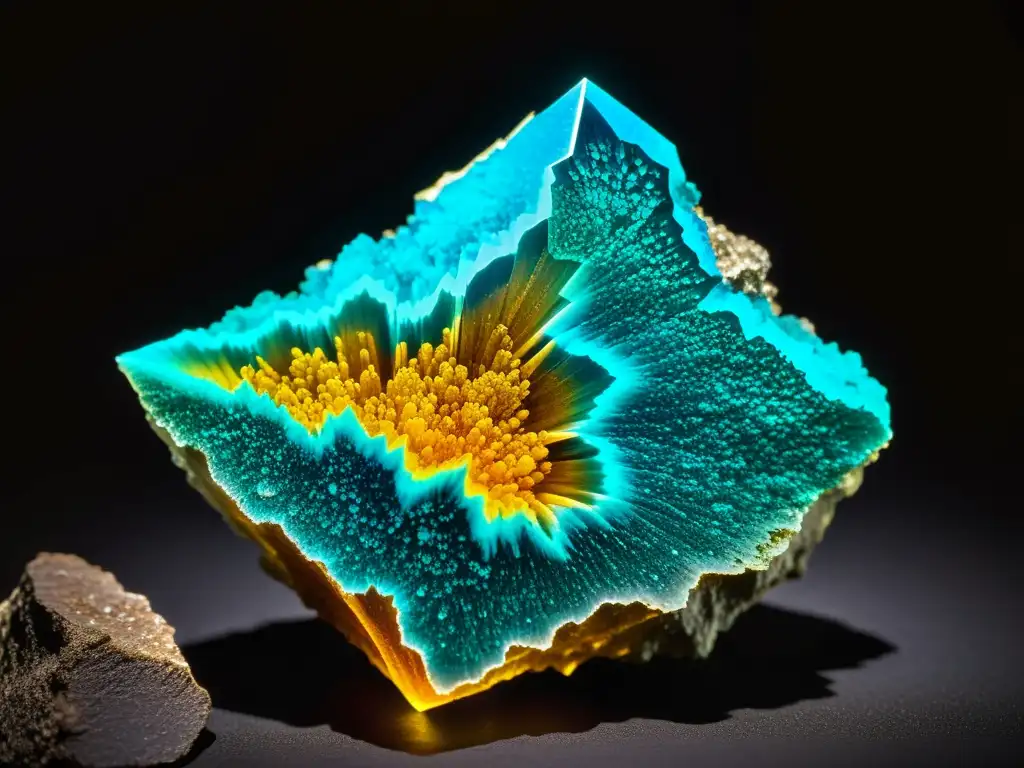 Fotografiando minerales en peligro: Detalle de rara y vibrante estructura cristalina, destacada por dramática iluminación