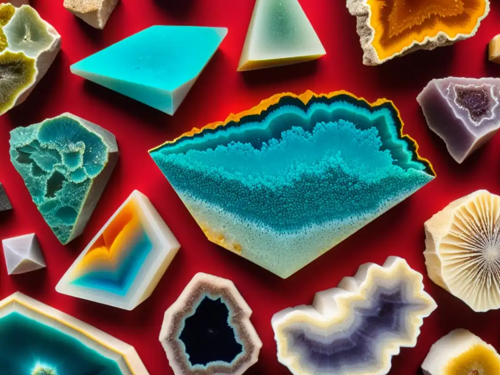 Minerales raros y exóticos: belleza natural en detalle Exhibición de minerales raros y exóticos en feria, reflejando la influencia cultural de las ferias minerales