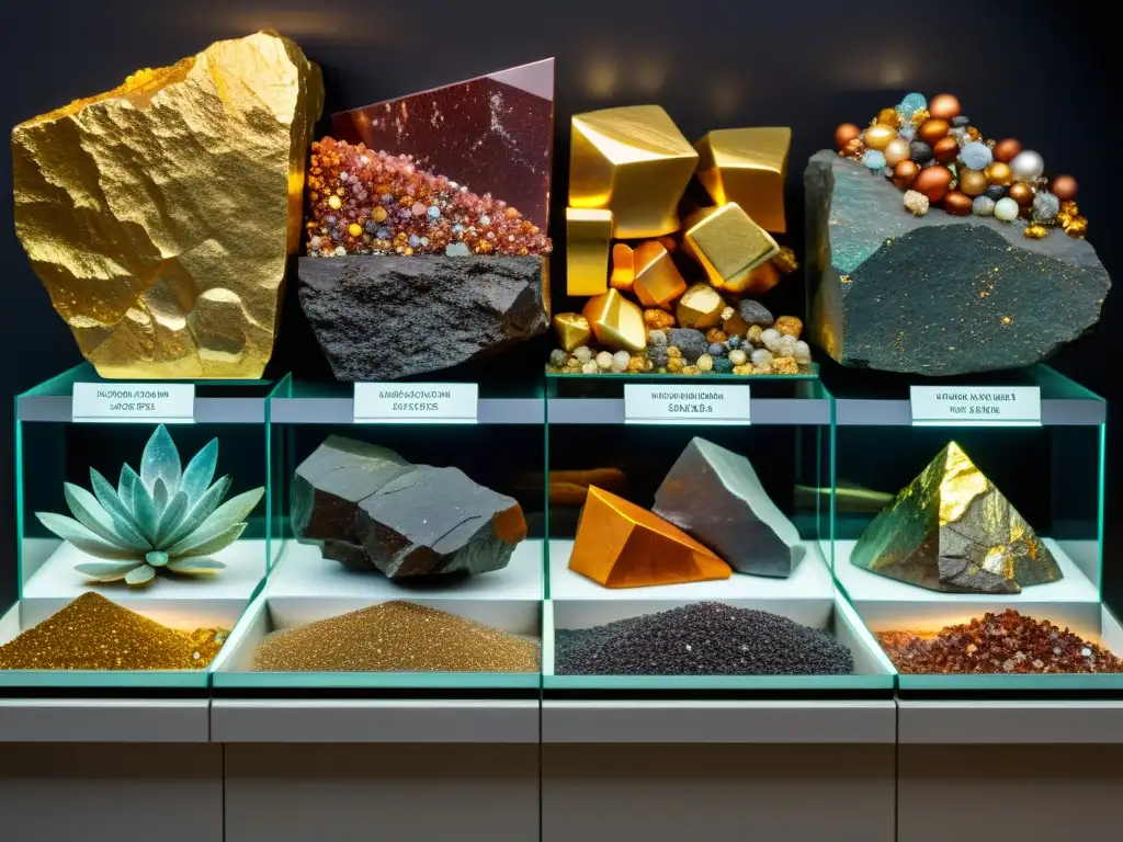 Exhibición de minerales variados en museo iluminado, mostrando la diversidad y belleza natural