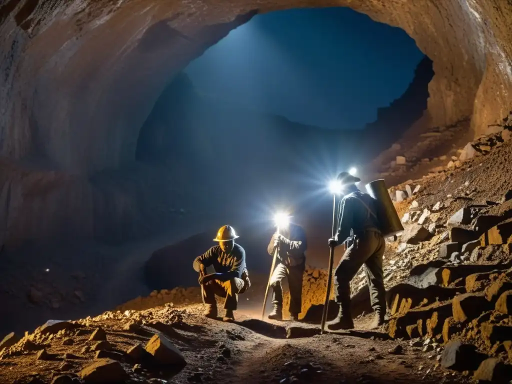 Minería artesanal: mineros trabajan en túnel oscuro con picos y linternas, resaltando la dura realidad