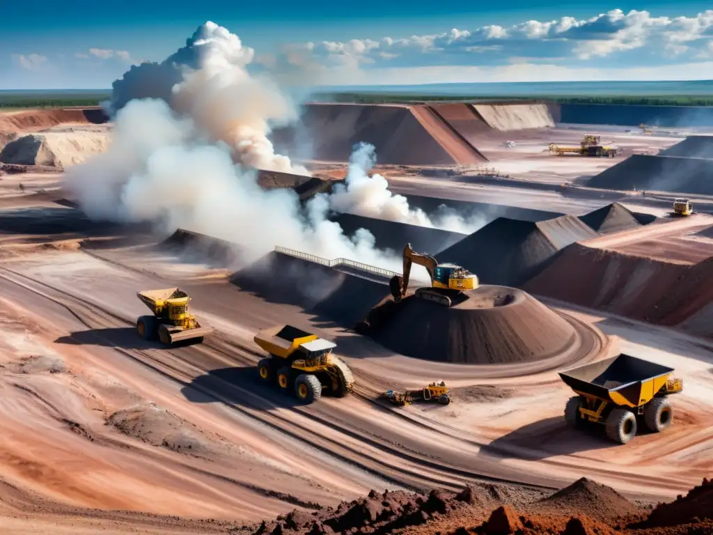 Minería a cielo abierto de metales raros con impacto ambiental, máquinas y trabajadores en terreno desolado