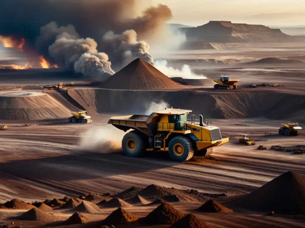 Minería a cielo abierto de tierras raras con maquinaria imponente y paisaje desolado