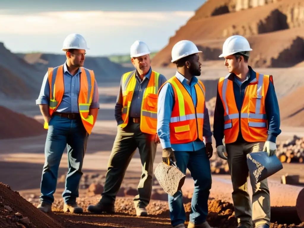 Inversión en minería: expertos analizan muestras de mineral en sitio minero, bajo la luz del sol y maquinaria pesada