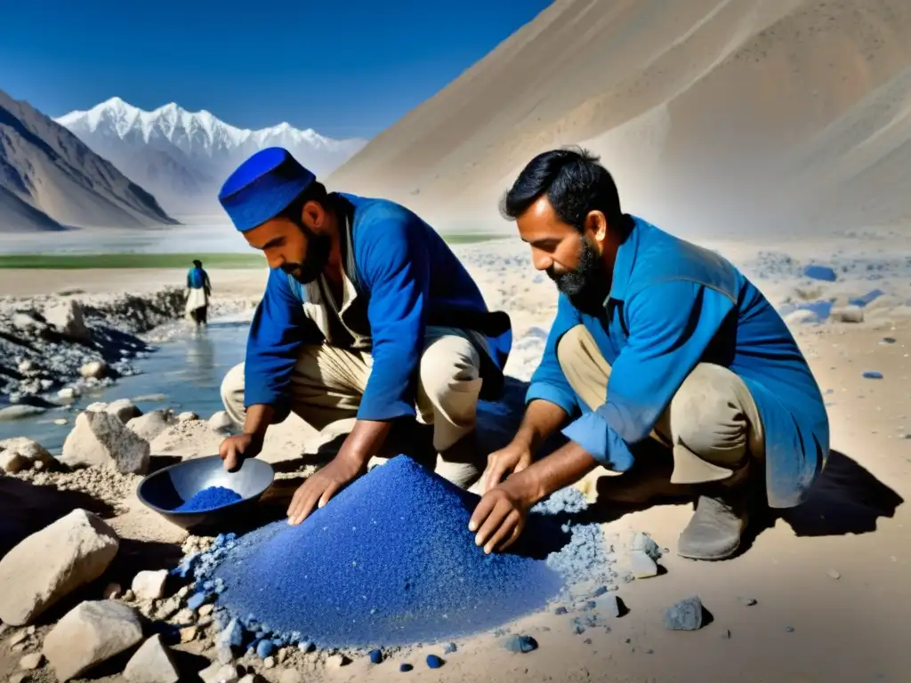 Minería de lapislázuli en Afganistán: Mineros extraen la piedra azul en las remotas montañas, mostrando la dura labor y la belleza natural