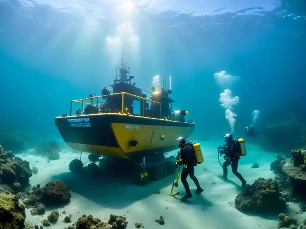 Operación de minería submarina con equipo especializado y paisaje submarino detallado