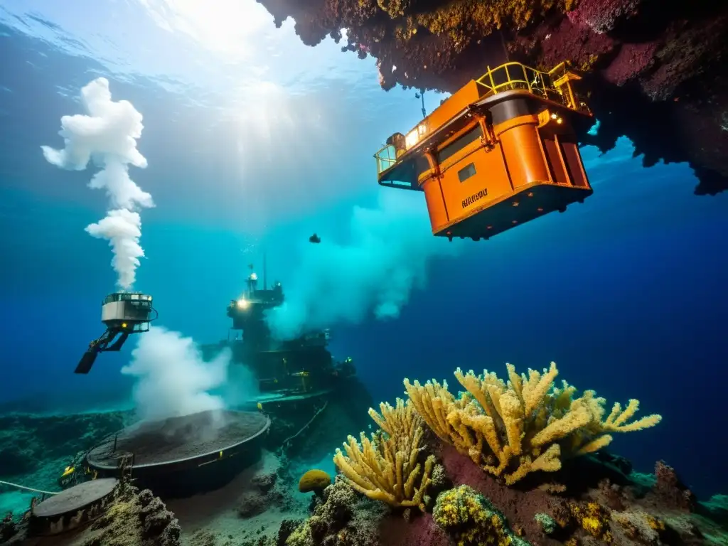 Minería submarina impacto ambiental: Barco minero sobre fuente hidrotermal, contrastando colores y vida marina en el fondo del mar