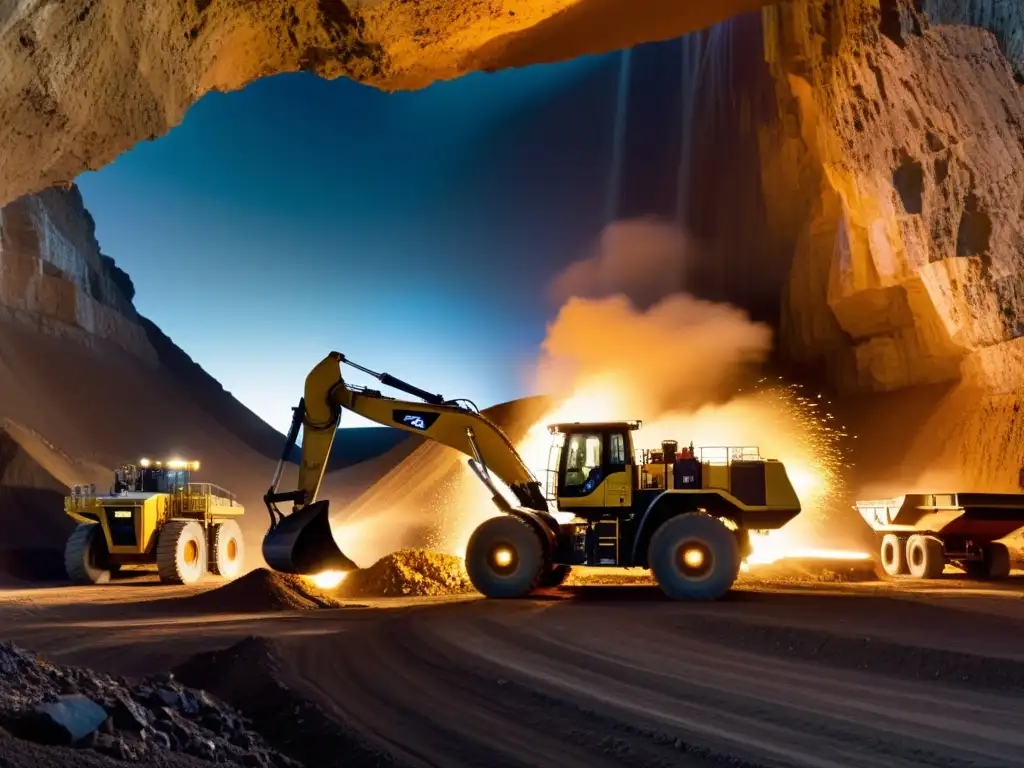 Minería tecnológica en la industria de la joyería: maquinaria moderna y eficiente extrayendo minerales con precisión, iluminada por cálida luz industrial