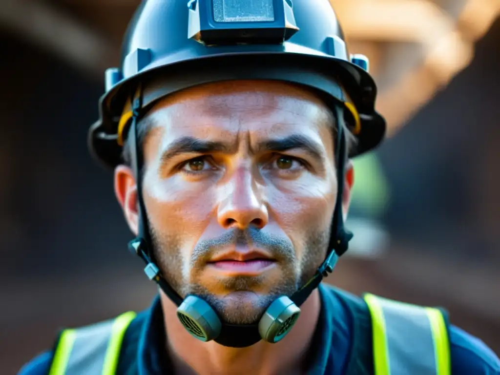 Un minero agobiado por el calor en un entorno industrial oscuro, con un casco de ventilación avanzado