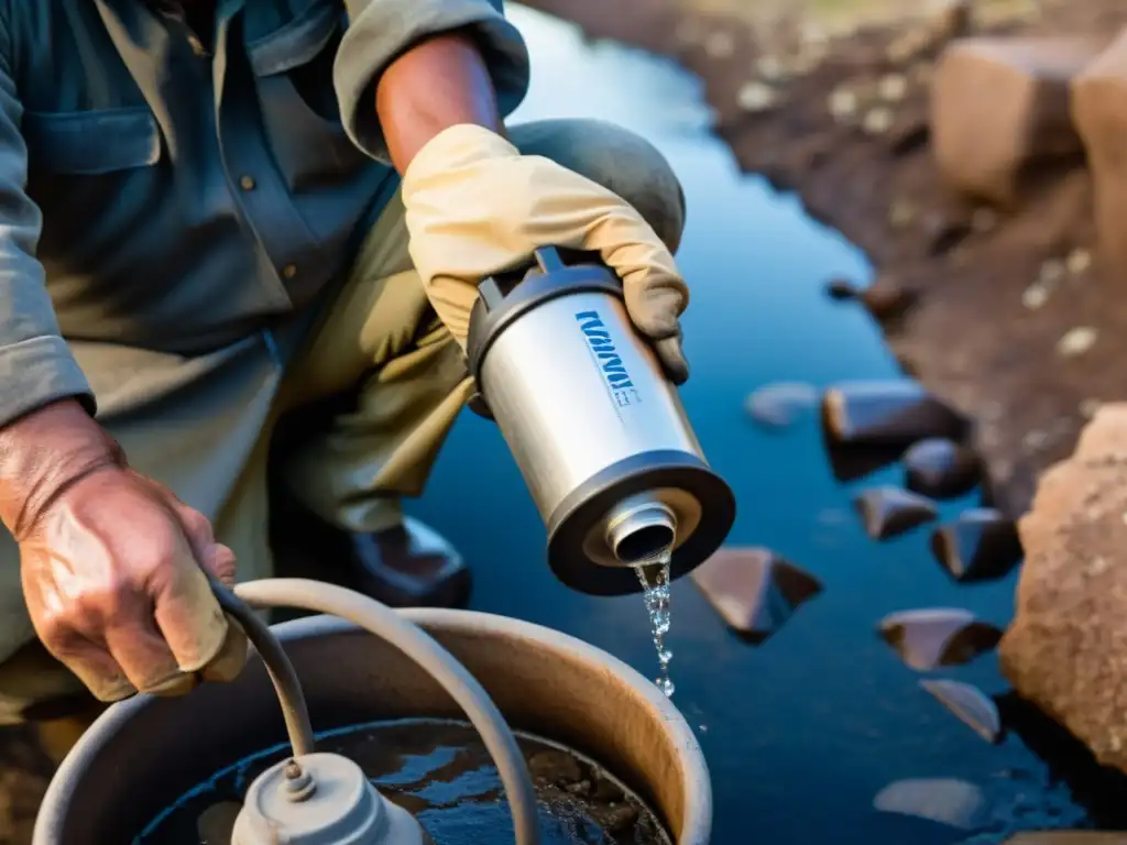 Un minero llena una cantimplora con agua turbia en un entorno rocoso, mostrando la importancia de los filtros de agua portátiles para minería