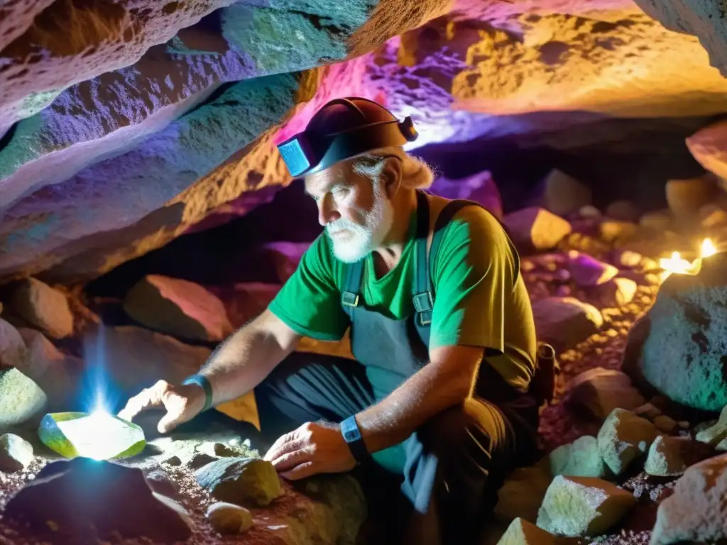 Un minero celta iluminado por una antorcha, talla una fluorita en una cueva subterránea