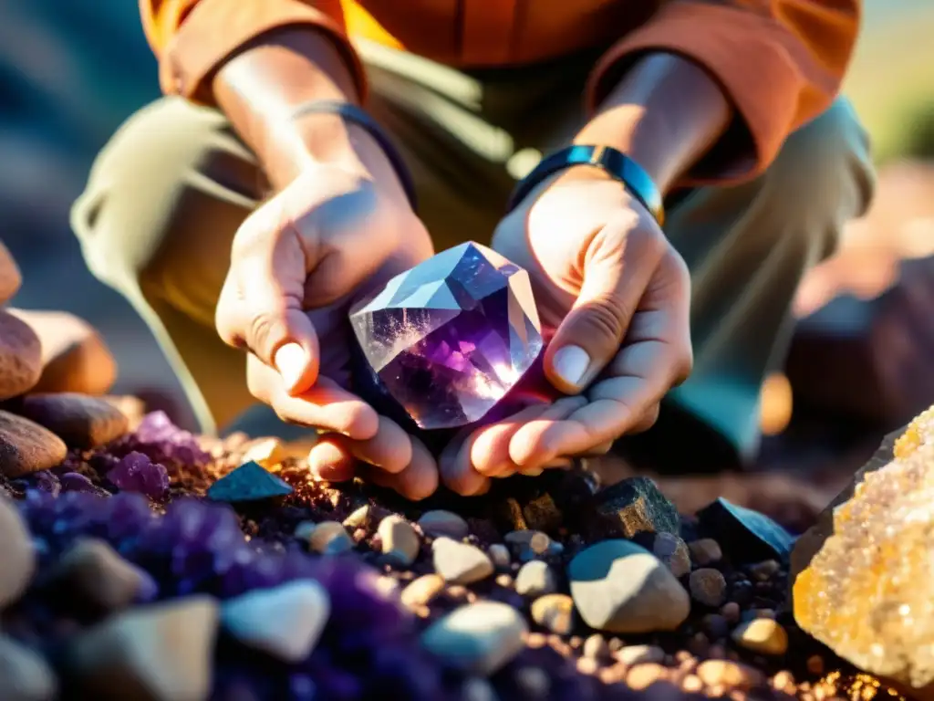 Un minero extrae cuidadosamente un cristal de amatista, con la luz solar iluminando rocas y minerales