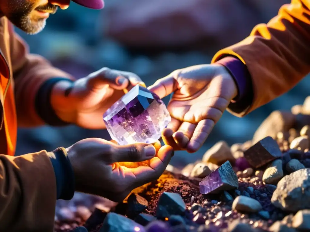 Un minero extrae delicadamente un cristal de amatista en las minas de gemas de Sainte Marie, mostrando el encanto de la minería de gemas