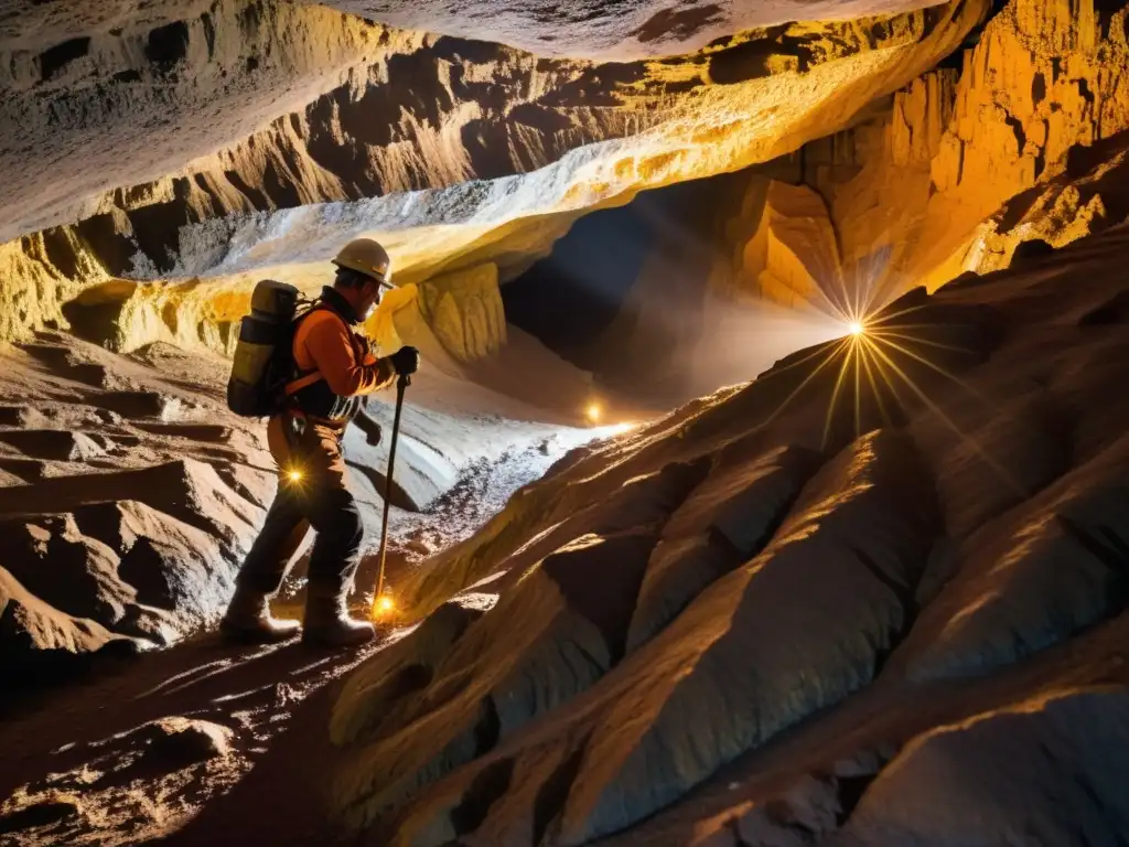 Un minero explora una cueva oscura con un estrecho sendero iluminado por su lámpara, resaltando el valor de los minerales escasos