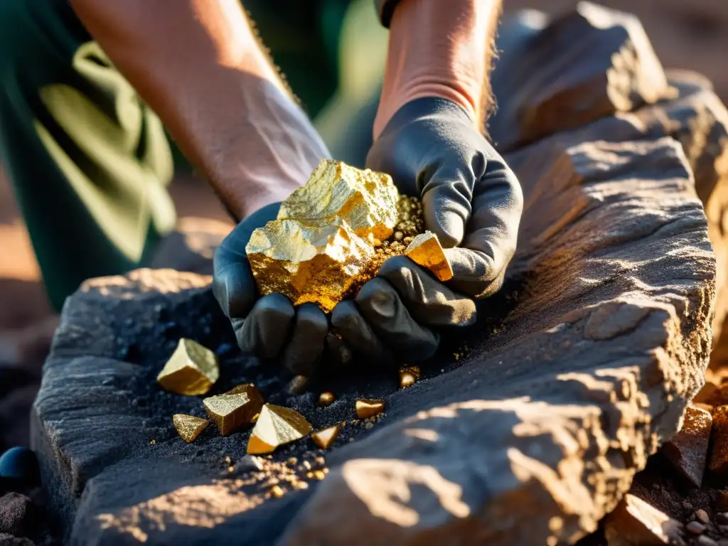 Un minero extrae con cuidado una codiciada pepita de oro de una roca rugosa, mostrando la historia y cultura de la minería de minerales codiciados