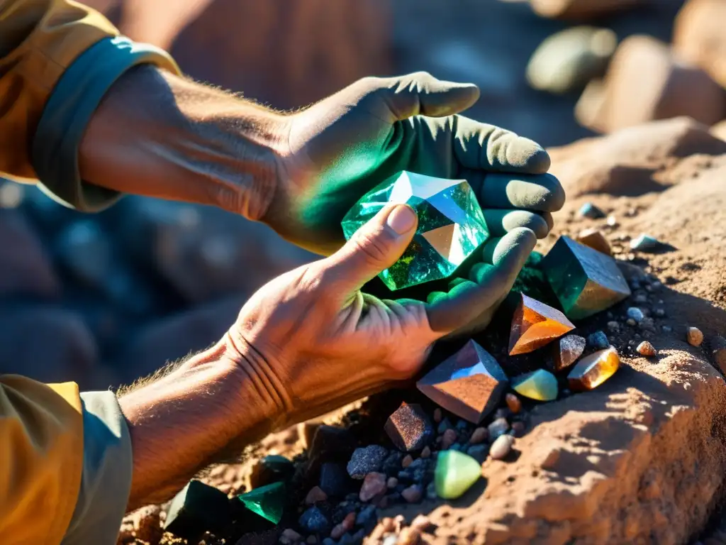 Un minero extrae con cuidado un cristal brillante de la tierra, mostrando la labor y la belleza natural