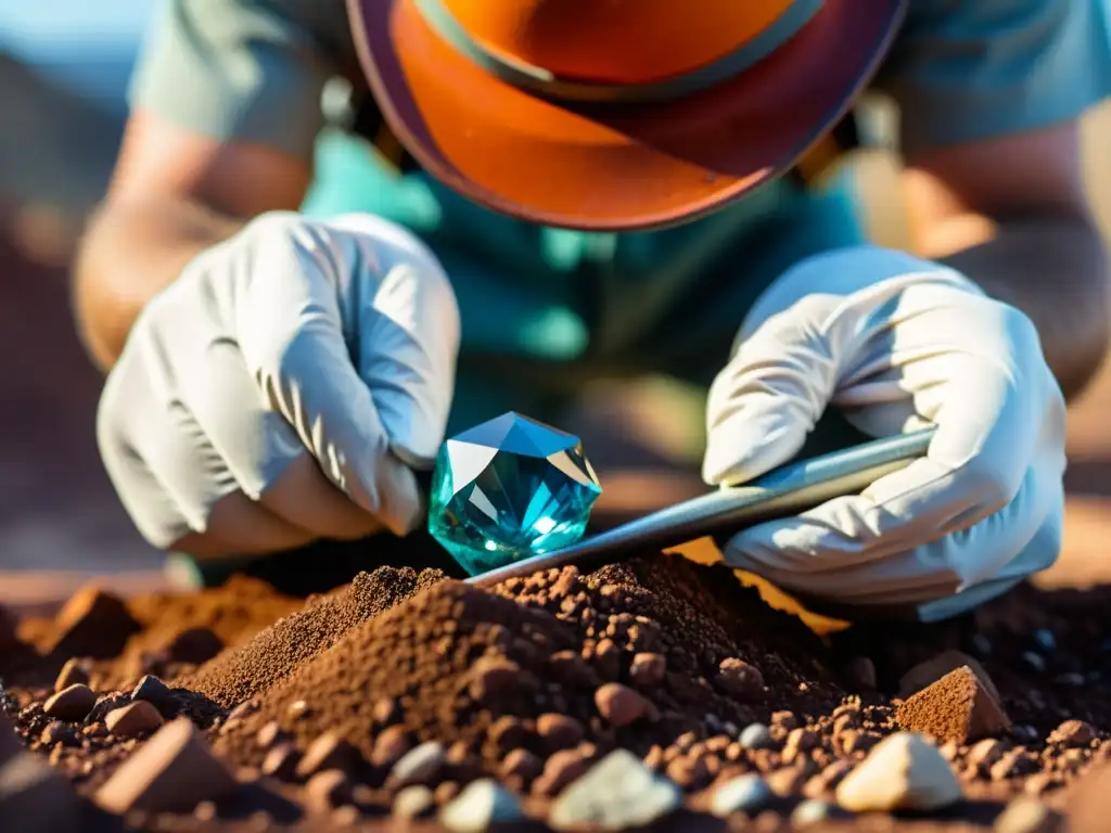 Un minero extrae con cuidado una deslumbrante gema de la tierra, destacándose sus colores vibrantes y formaciones únicas