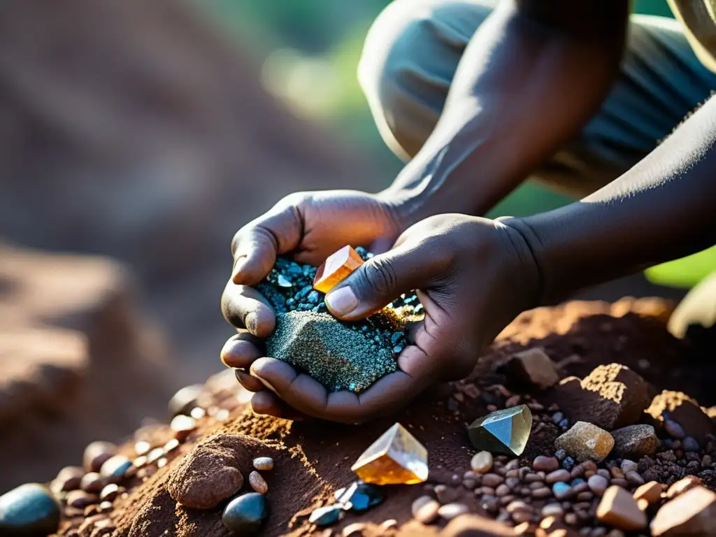 Un minero extrae con cuidado una deslumbrante gema ética de la tierra, mostrando la inversión ética en minerales y gemas