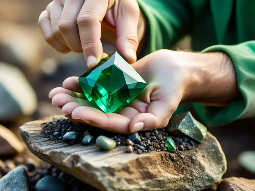 Un minero extrae con cuidado una esmeralda brillante, destacando la protección de la biodiversidad en la extracción de gemas CITES