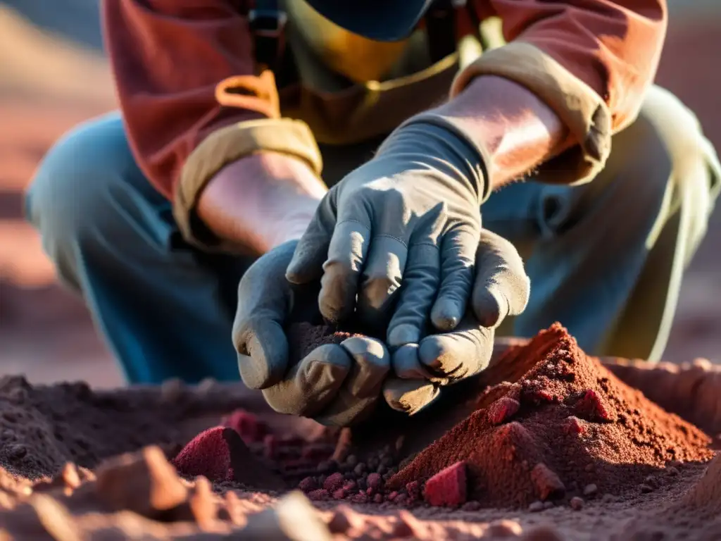 Un minero extrae con cuidado un mineral rojo brillante en un paisaje áspero, destacando la controversia ética de los minerales de sangre