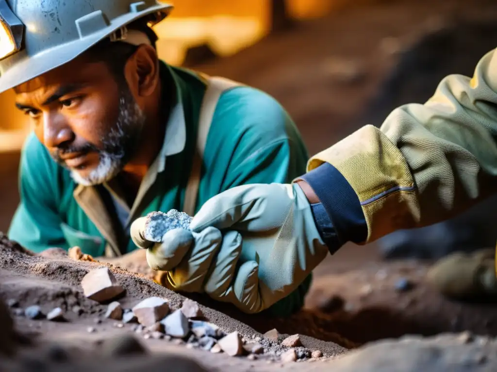 Minero examina con cuidado mineral en zona de conflicto, destacando la importancia de la trazabilidad minerales zonas conflicto