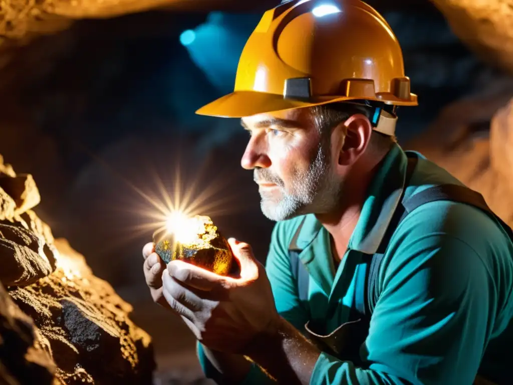 Un minero examina con cuidado una muestra de roca bajo una intensa luz en una oscura mina subterránea