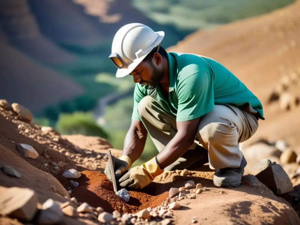 Un minero extrayendo con cuidado una piedra preciosa en bruto de un terreno rocoso, enfocado y usando herramientas especializadas