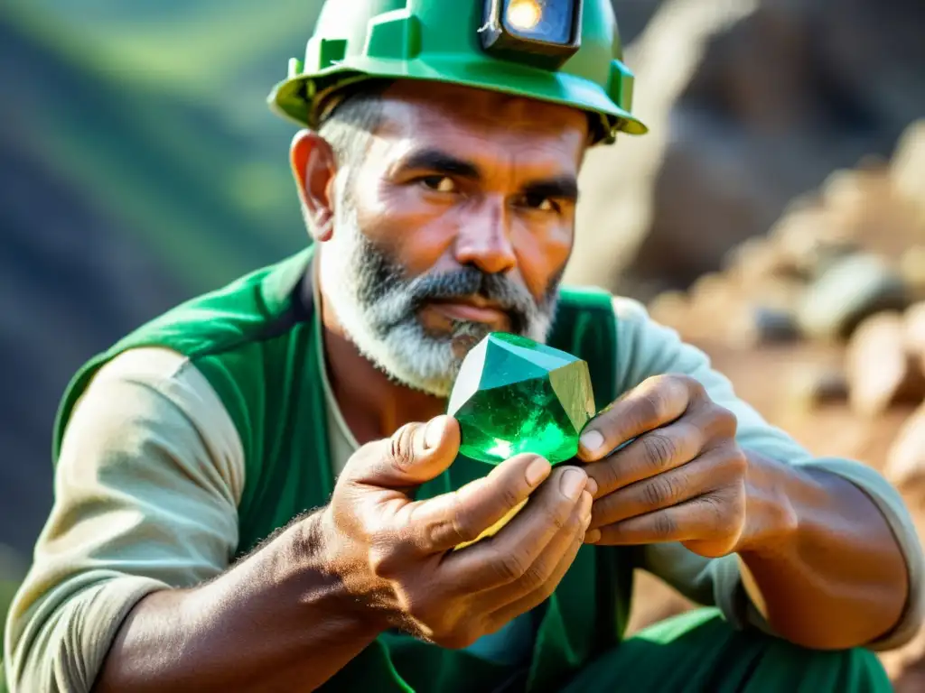 Un minero extrae con cuidado un resplandeciente esmeralda de la tierra, destacando la inversión ética en minerales y gemas