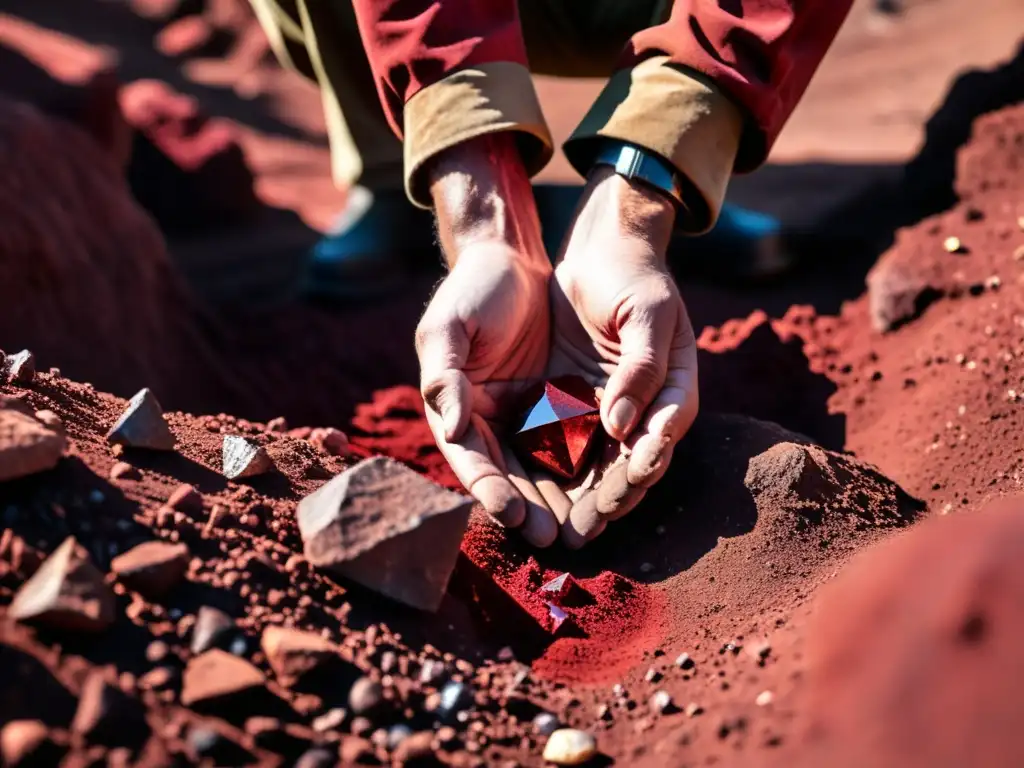 Un minero extrae cuidadosamente un deslumbrante diamante rojo de la tierra, bajo la luz del sol que proyecta sombras dramáticas