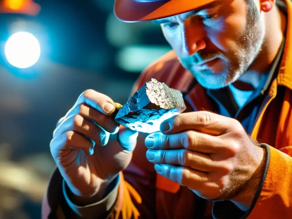 Un minero examina con detalle una muestra mineral bruta bajo una luz brillante