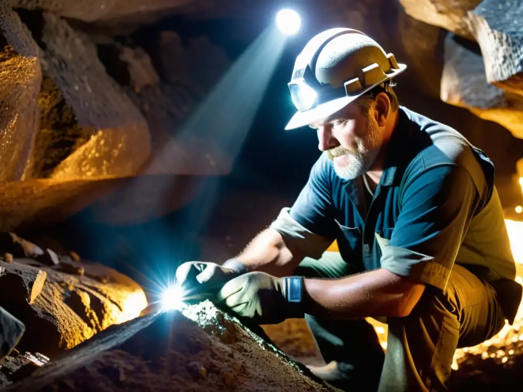 Minero experto iluminado por lámpara en mina subterránea, extracción de gemas antes era industrial