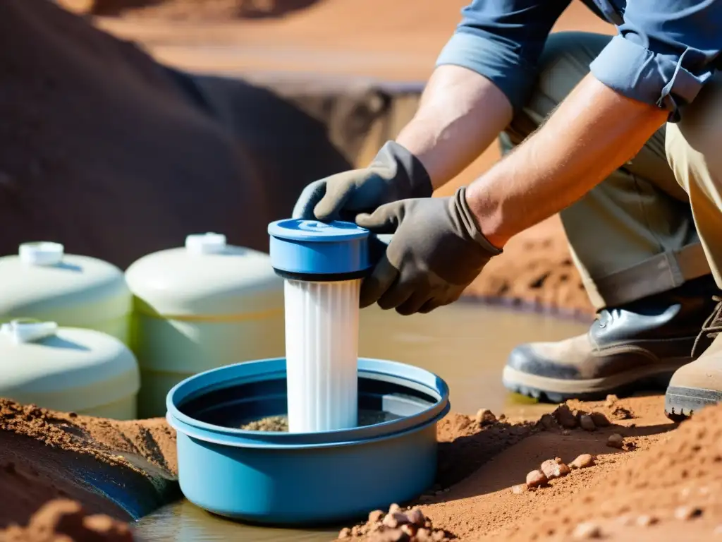 Un minero usa un filtro de agua portátil, purificando agua en un entorno minero