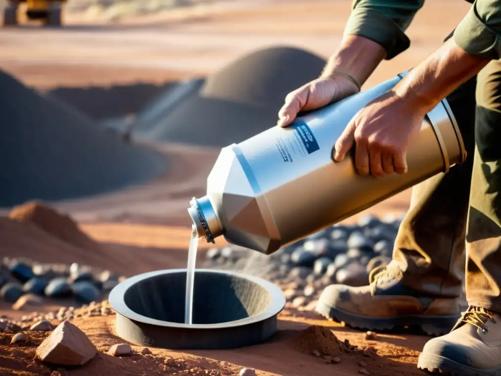 Un minero usa un filtro de agua portátil en un entorno desafiante, destacando la determinación en la minería