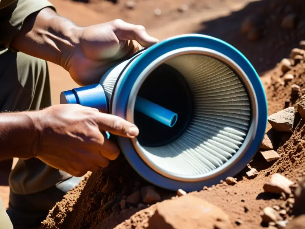 Un minero utiliza filtros de agua portátiles en un entorno remoto y desafiante