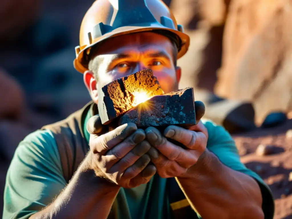 Un minero iluminado por la luz de su lámpara sostiene un mineral crudo, destacando el impacto histórico de los minerales en el mundo