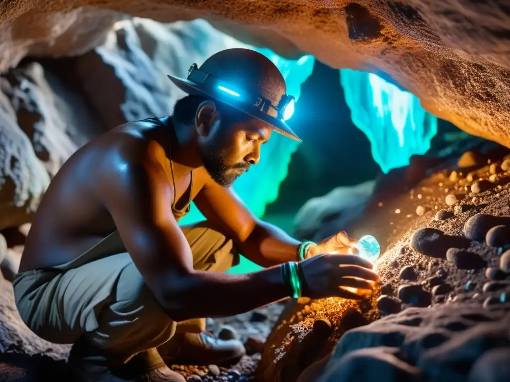 Minero indígena extrayendo cristal iridiscente en cueva misteriosa, con conexión espiritual y ambiente de tranquilidad