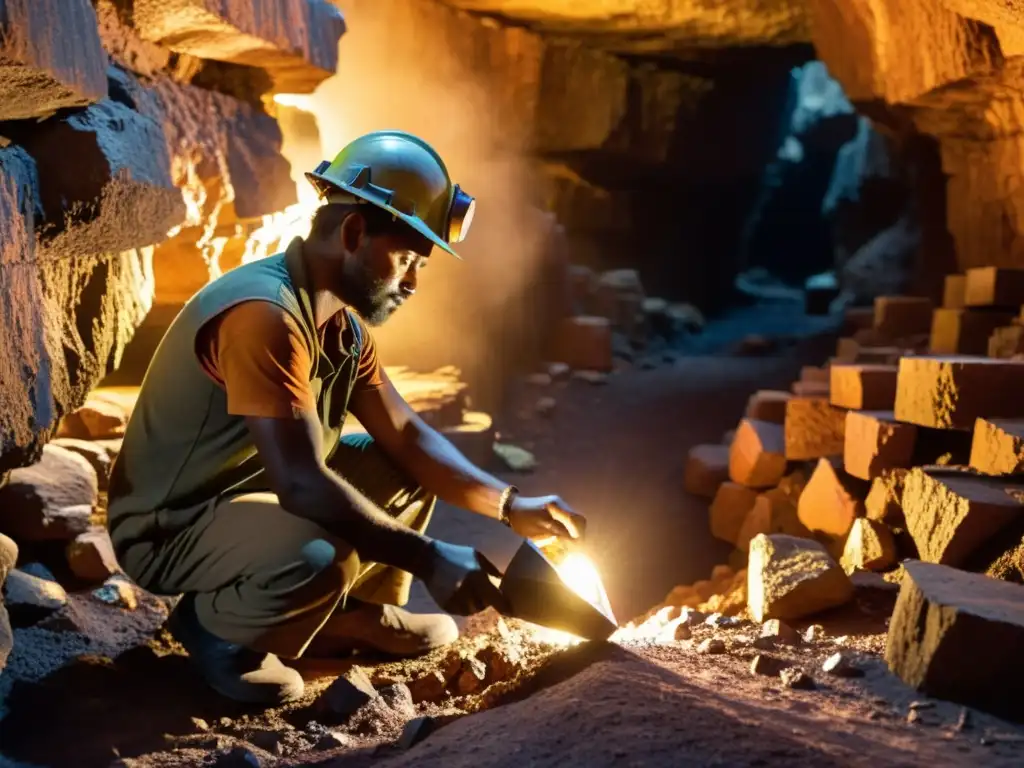 Minero indígena extrayendo minerales exóticos con técnicas tradicionales en la oscura y profunda mina, rodeado de la cálida luz de su lámpara frontal