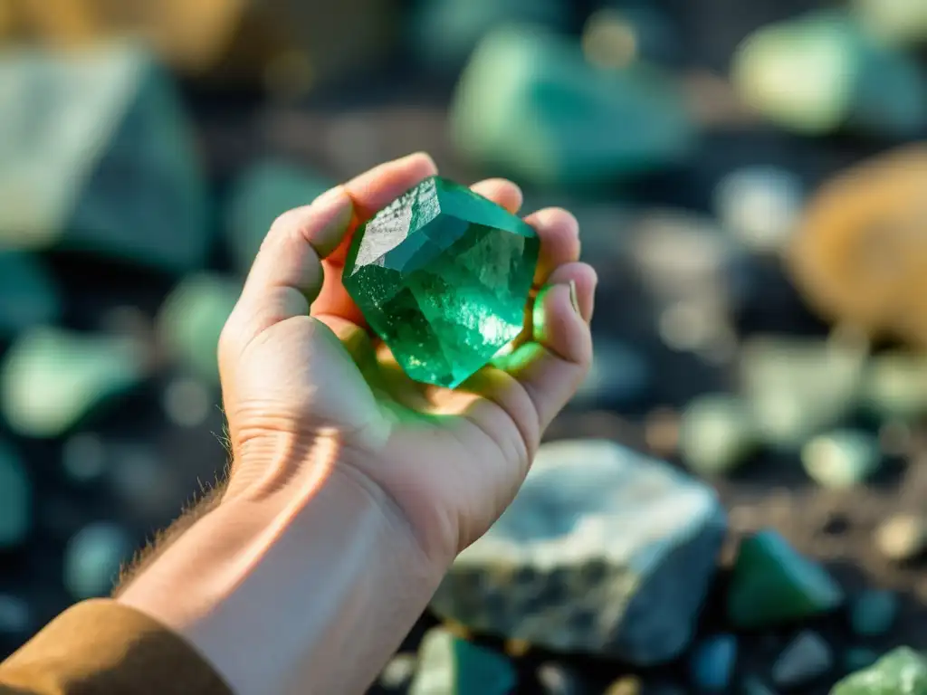 Un minero sostiene en la mano un esmeralda sin cortar, resaltando su belleza natural en contraste con el terreno rocoso