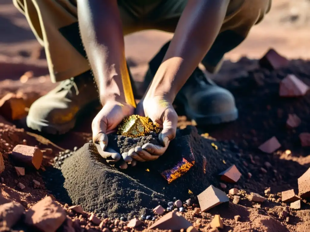 Minero recuperando metales menores en mina, trabajo meticuloso y colaborativo, fragmentos coloridos en la roca