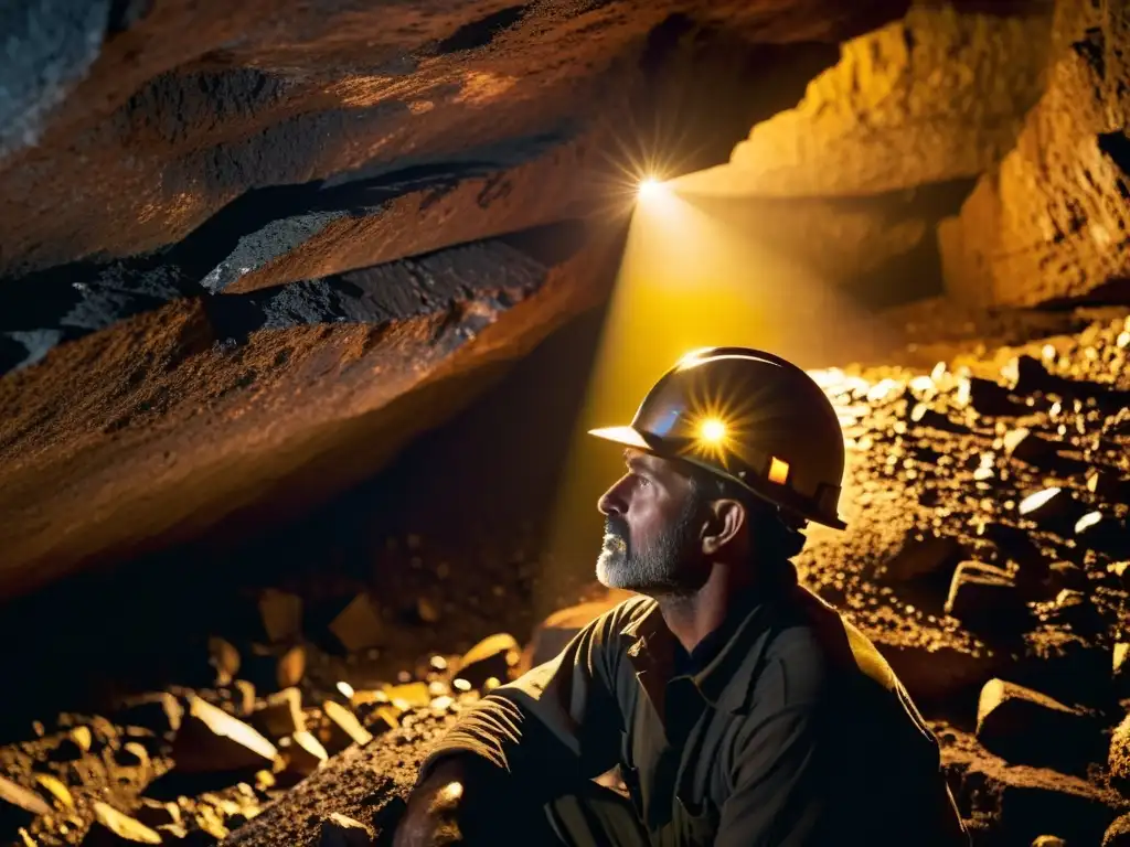 Un minero en una mina oscura, iluminado por su lámpara frontal, extrayendo minerales raros