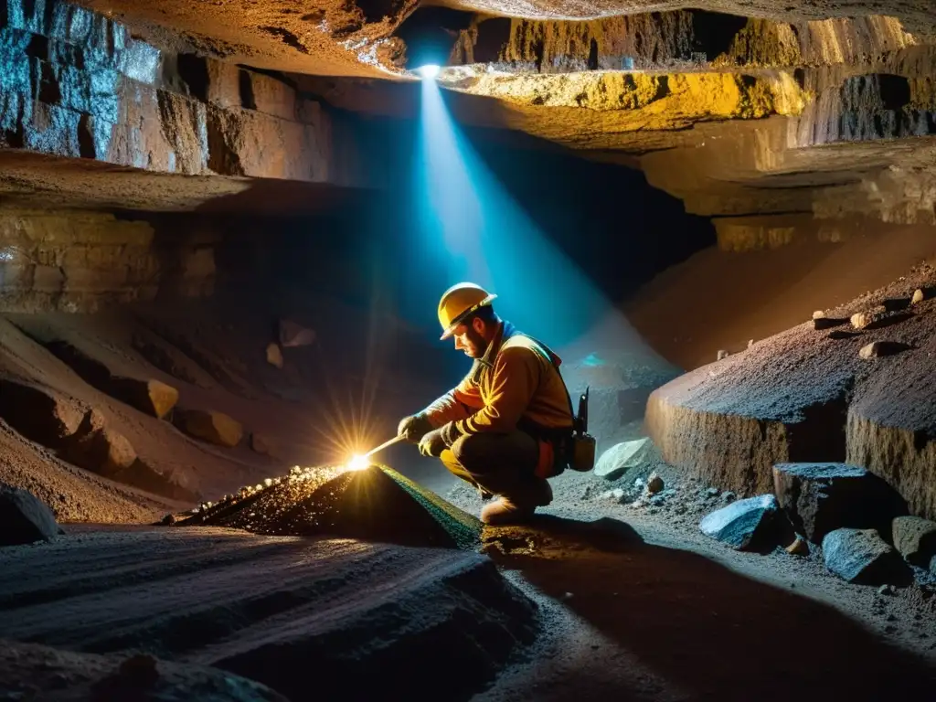 Minero extrayendo mineral iridiscente en una mina subterránea