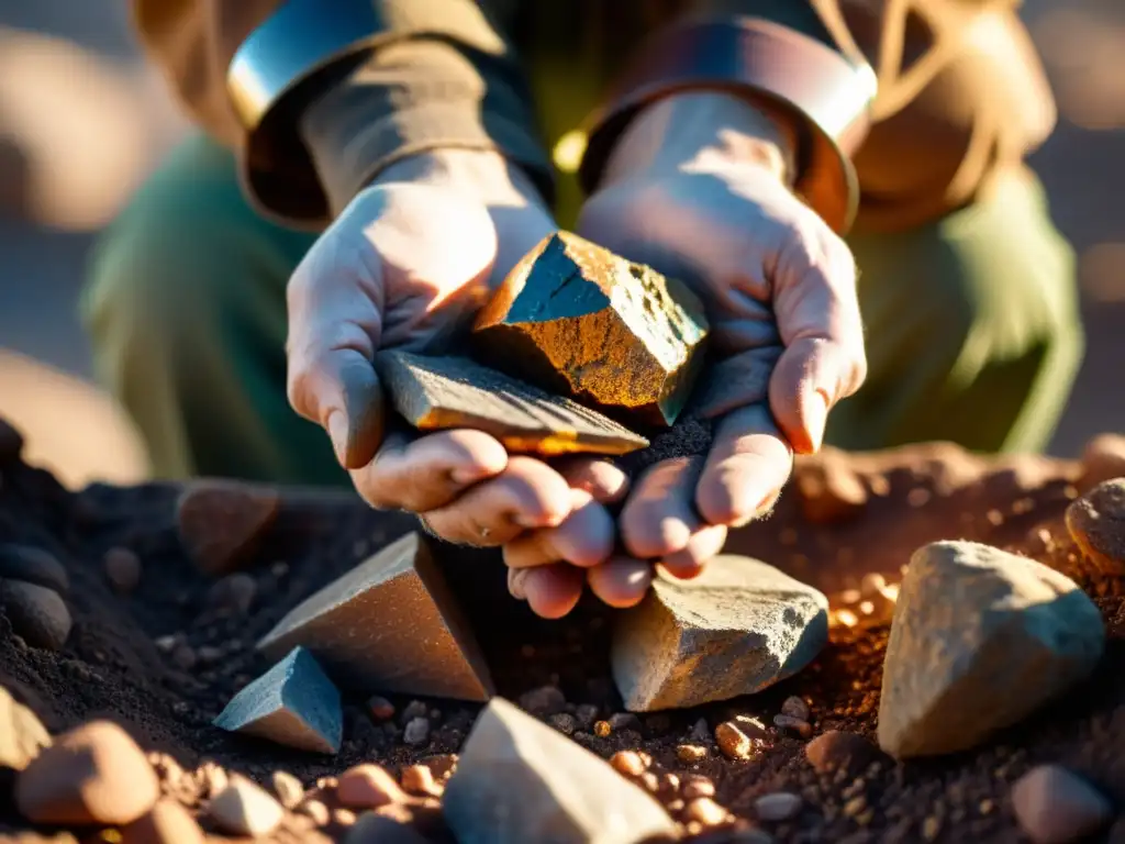 Un minero sostiene minerales crudos brillantes, con luz solar filtrándose entre el polvo, resaltando texturas y colores