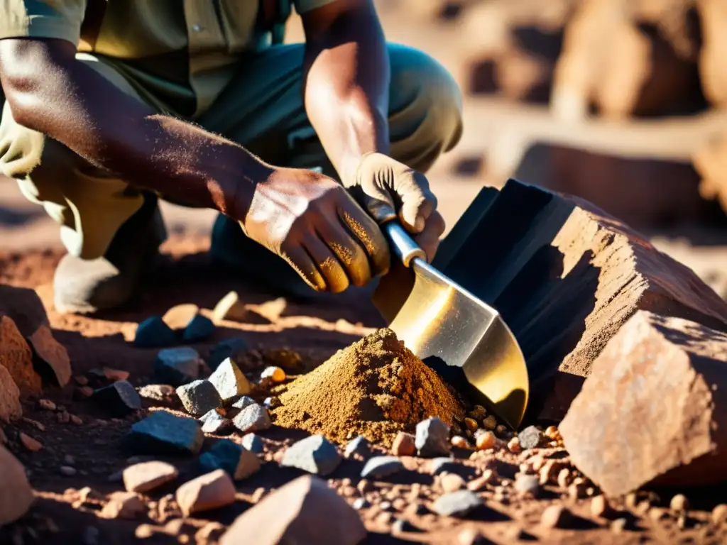 Un minero extrae minerales de oro, plata o cobre en un paisaje rocoso, resaltando la belleza cruda de los materiales