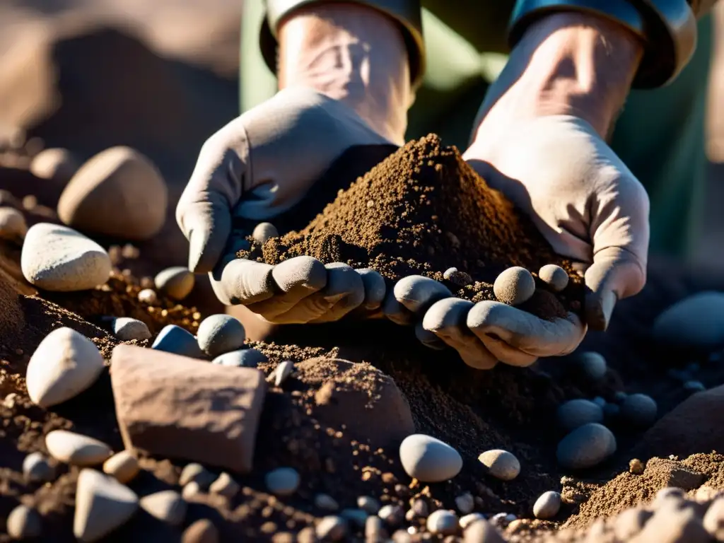 Un minero busca minerales en la tierra con manos sucias, expresión concentrada y dramático contraste de luz y sombra