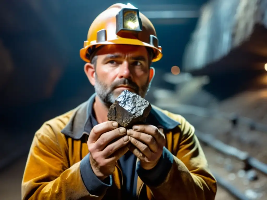 Un minero sostiene una muestra mineral en una mina subterránea