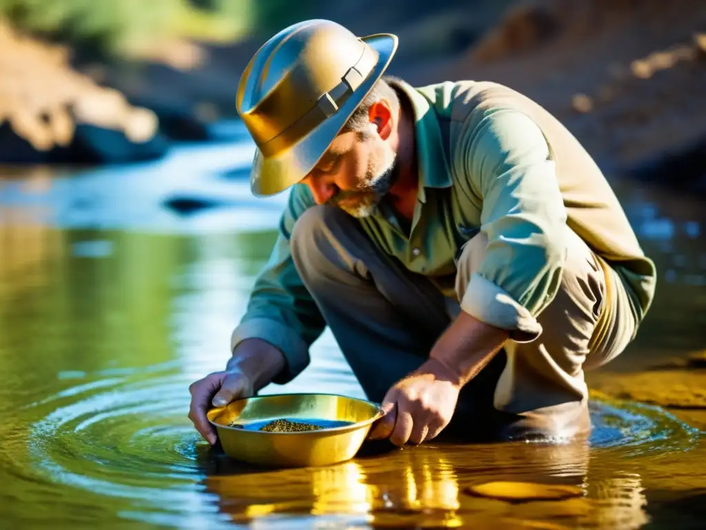 Un minero busca oro en un río, con el agua reflejando la luz del sol