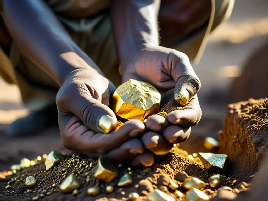 Un minero cuidadosamente extrae oro de la tierra, sus manos curtidas sostienen el metal precioso