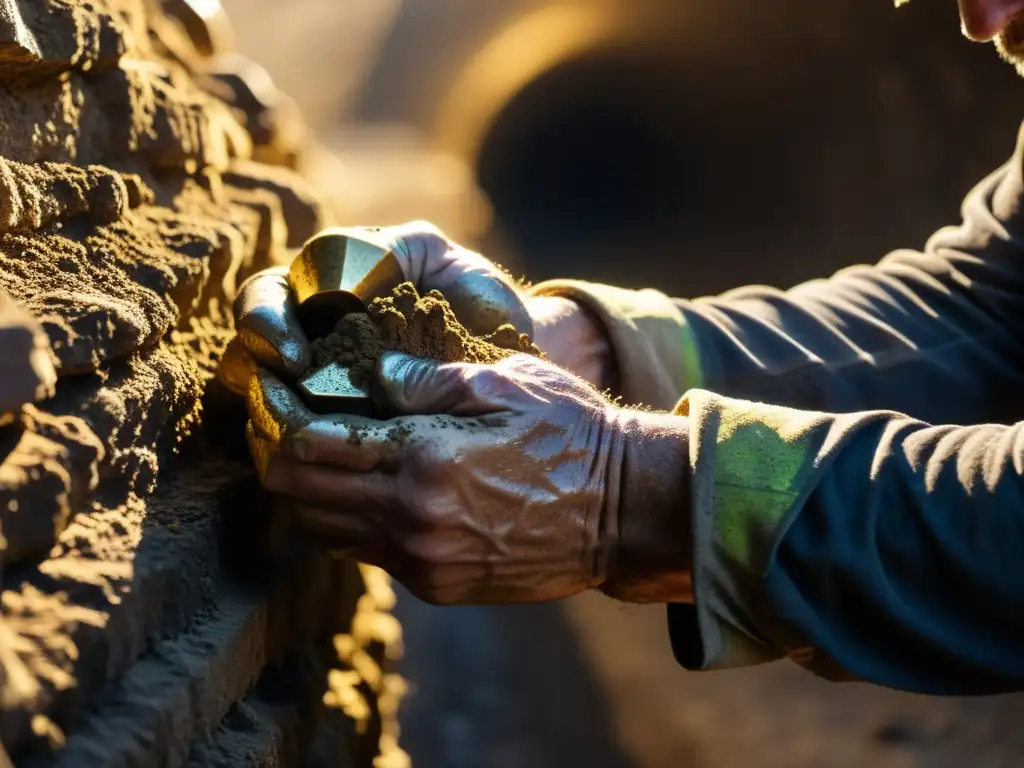 Un minero de oro trabaja incansablemente en un túnel subterráneo, con las manos cubiertas de suciedad y sudor, aferrando un pico