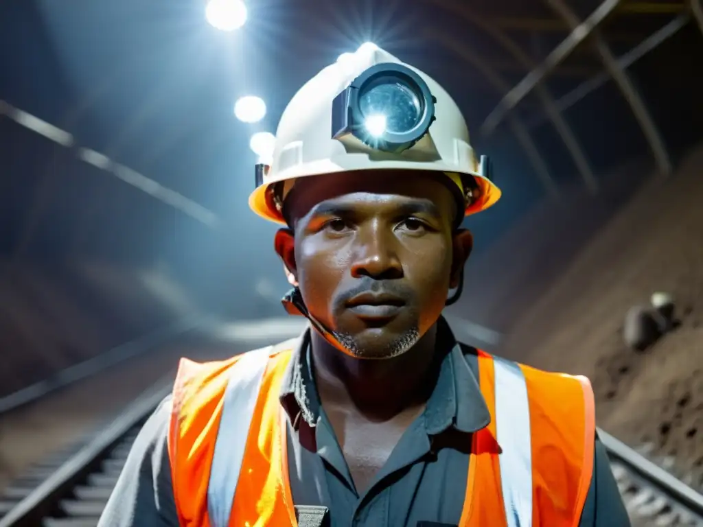 Minero en la oscuridad de la mina con casco de ventilación de alta calidad, protección en condiciones peligrosas